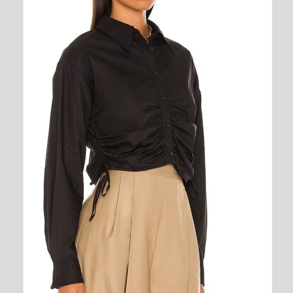 L'Academie The Lena Blouse Black Ruched Drawstring Crop Button Down Shirt 4068 - Picture 2 of 7